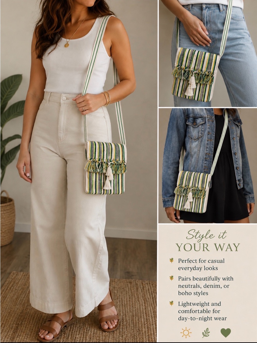 Boho Striped Fringe Crossbody Bag in Green and Cream-NWOT
